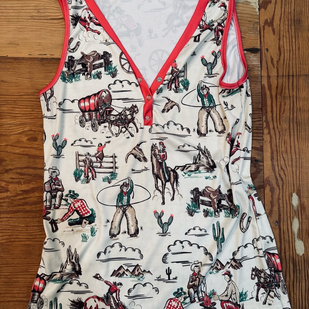 Western Themed Sleeveless Top with pink Trim